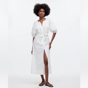 Madewell Tie-Waist Button-Front Midi Dress in Poplin Size XS NS132 White Cotton